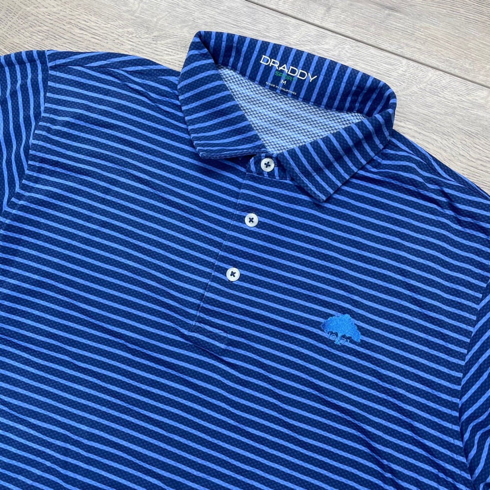 B. Draddy Sport Polo Shirt Mens Medium Blue Striped Short Sleeve Golf 1971 Tree